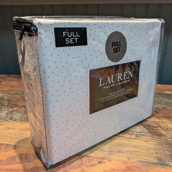 Ralph Lauren 100% Cotton Percale Full Sheet Set White with Navy Pin Dots - Picture 5 of 5